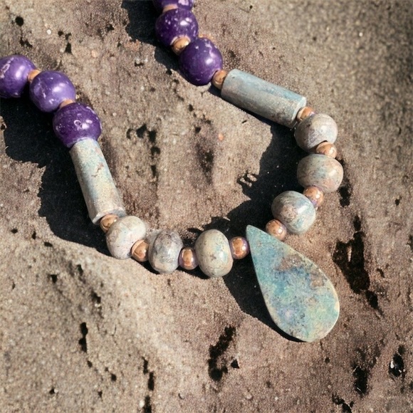 Vintage Estate Jewelry Chunky Marble Stone Bead Necklace Turquoise Blue Purple - Picture 4 of 16
